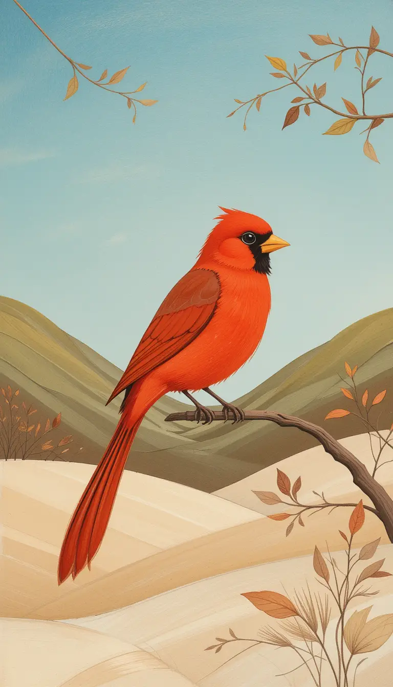 Red bird pencil drawing in a soft minimalist landscape