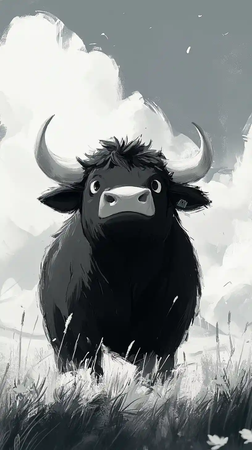 Cute black and white bull standing in open field