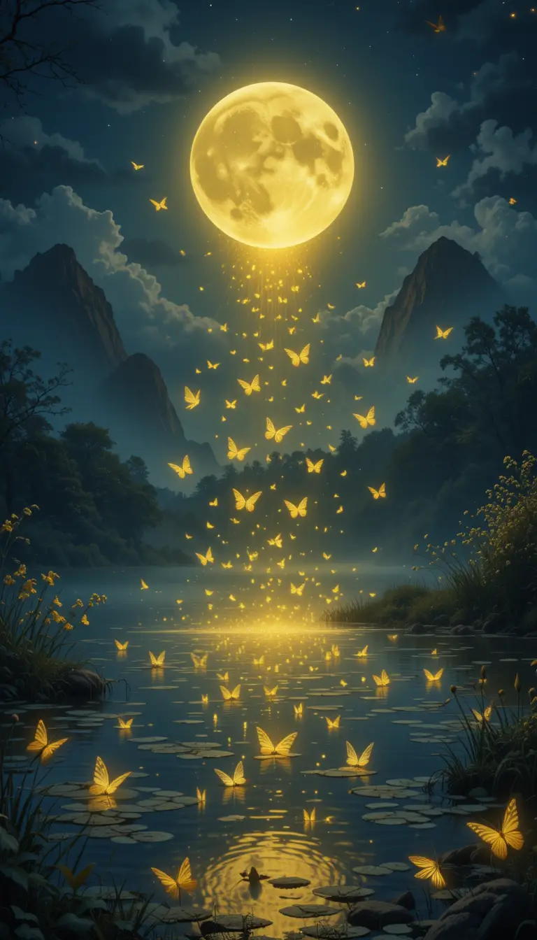 Moonlit lake with glowing butterflies in the night sky