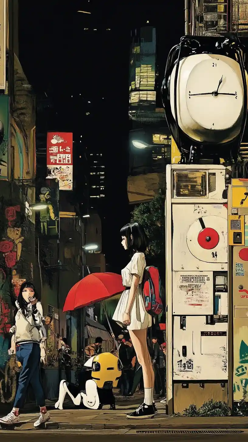 Surreal anime street with melting clock and neon schoolgirl