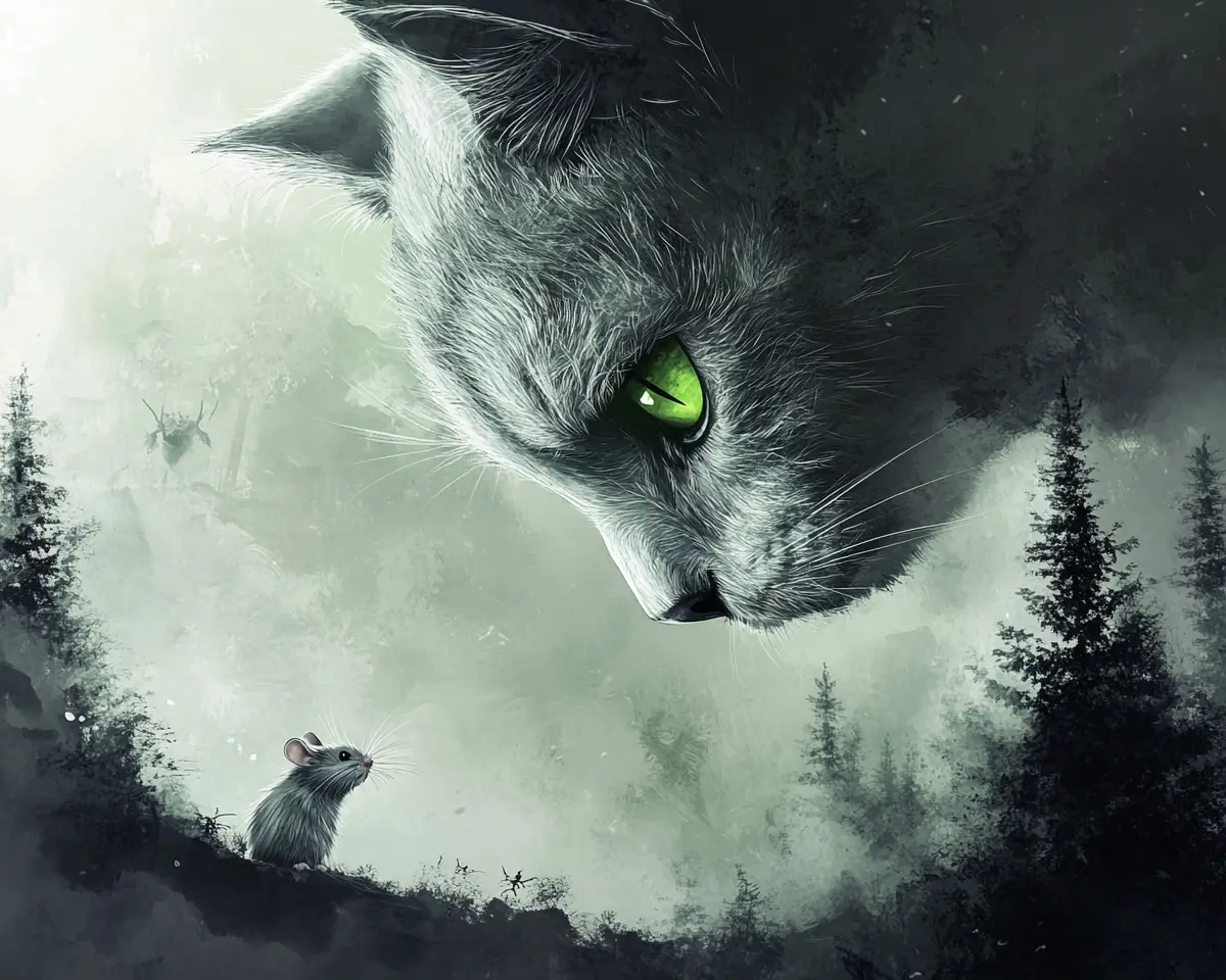 Gigantic spooky cat looming over a tiny mouse