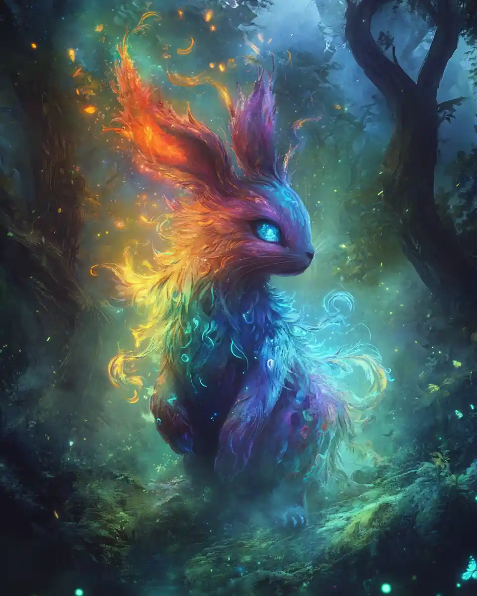 Rainbow fantasy creature glowing in a misty moonlit forest
