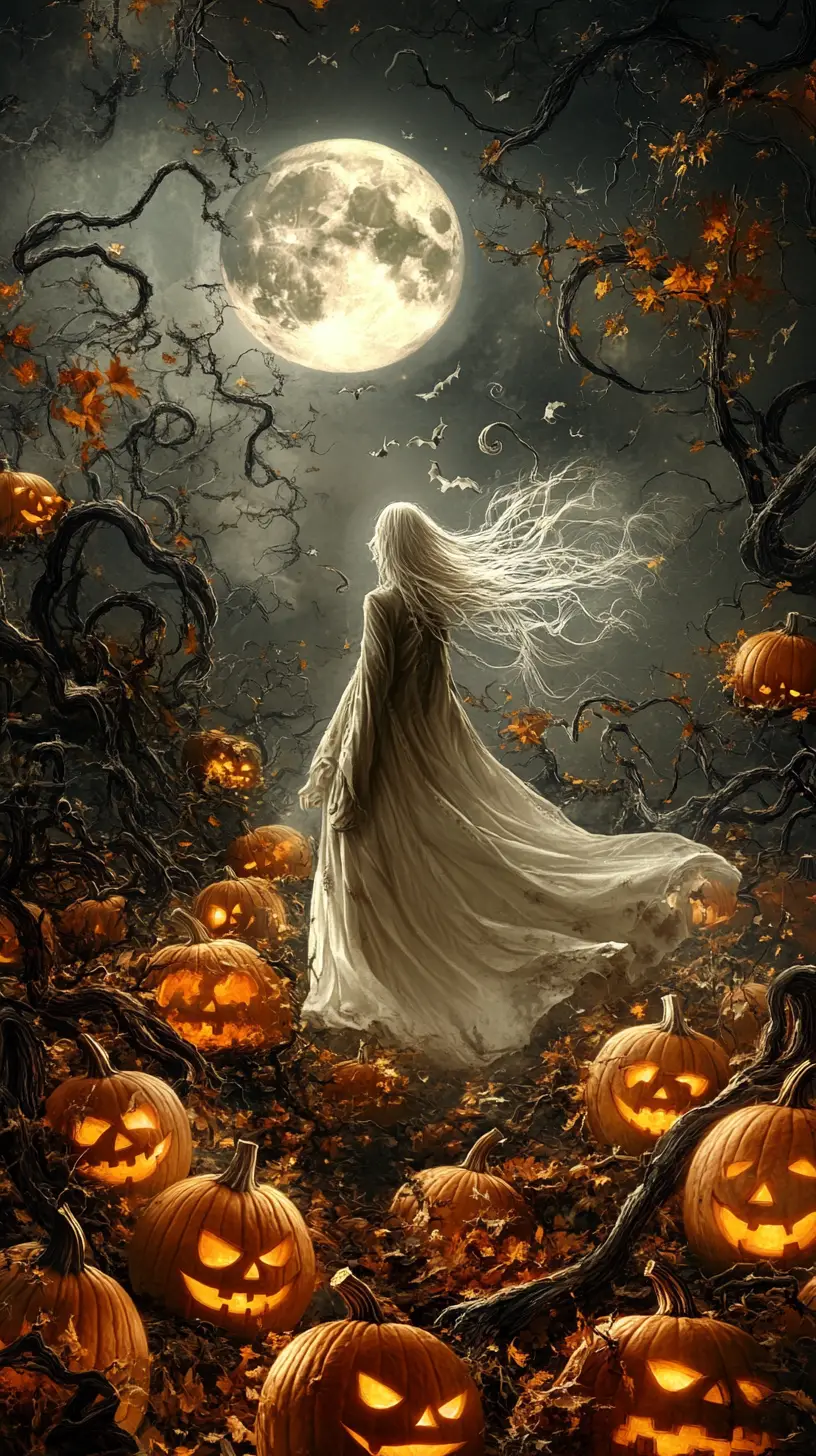 Ghostly figure in a surreal moonlit landscape of jack o lanterns