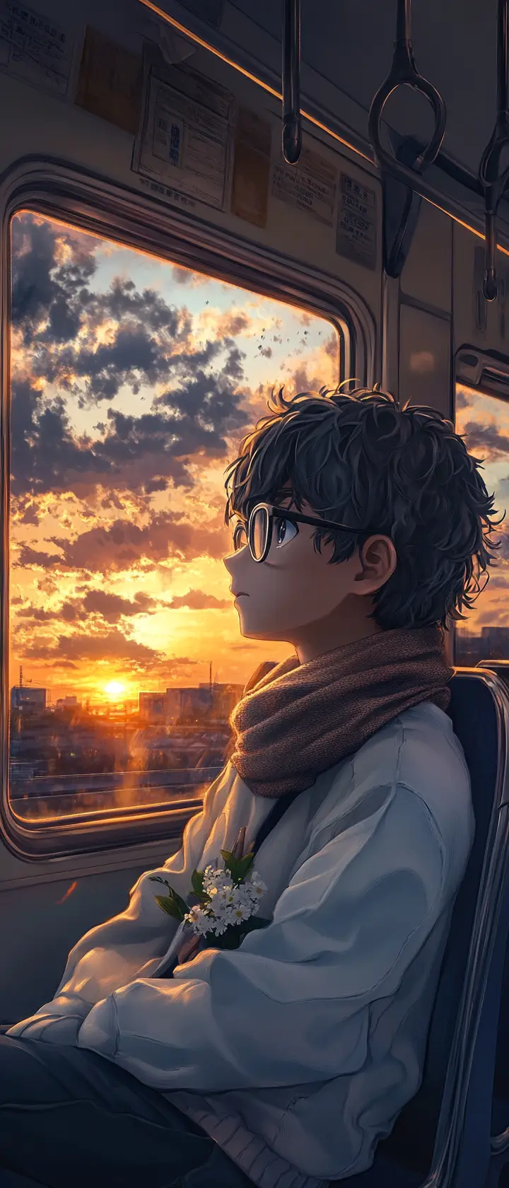 Anime boy on empty train looking out at sunset