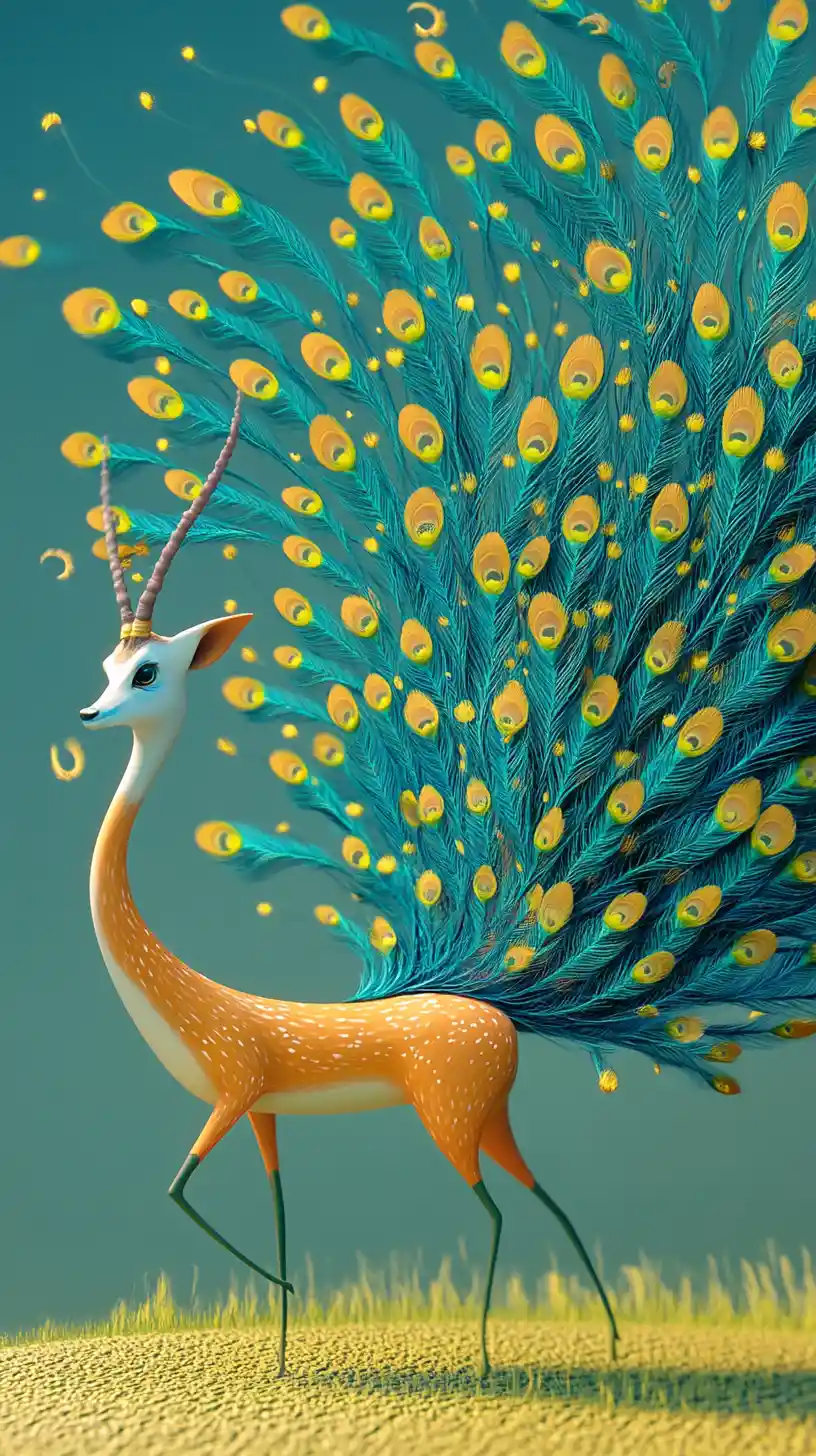 Running gazelle with radiant peacock feather tail