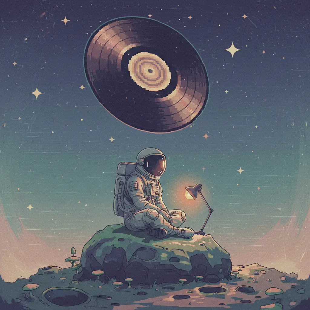 Astronaut Resting On Moon Rock Under Floating Vinyl Record