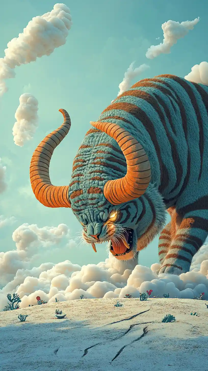 Mythical tiger beast with horns and glowing ember breath