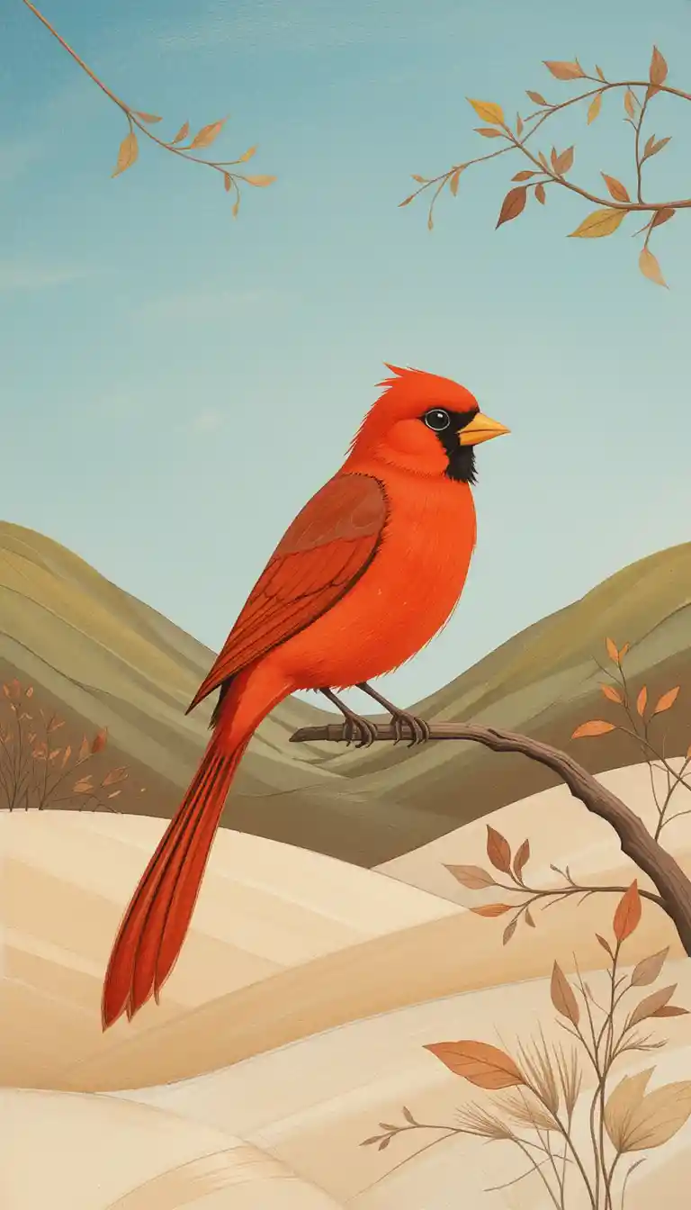 Red bird pencil drawing in a soft minimalist landscape