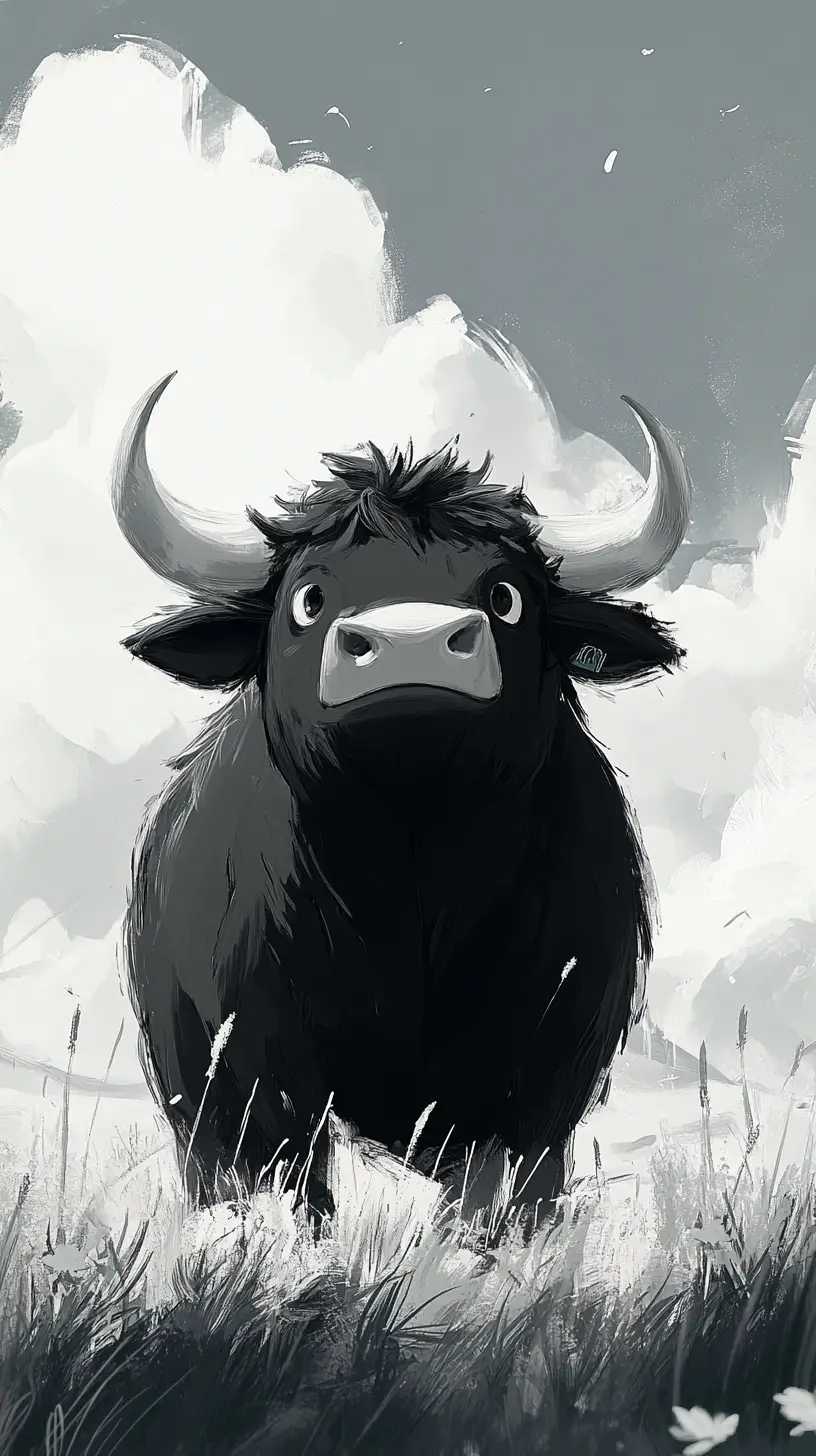 Cute black and white bull standing in open field