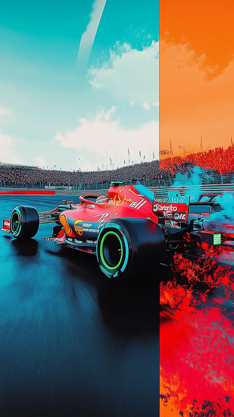Red formula one car racing towards camera at high speed