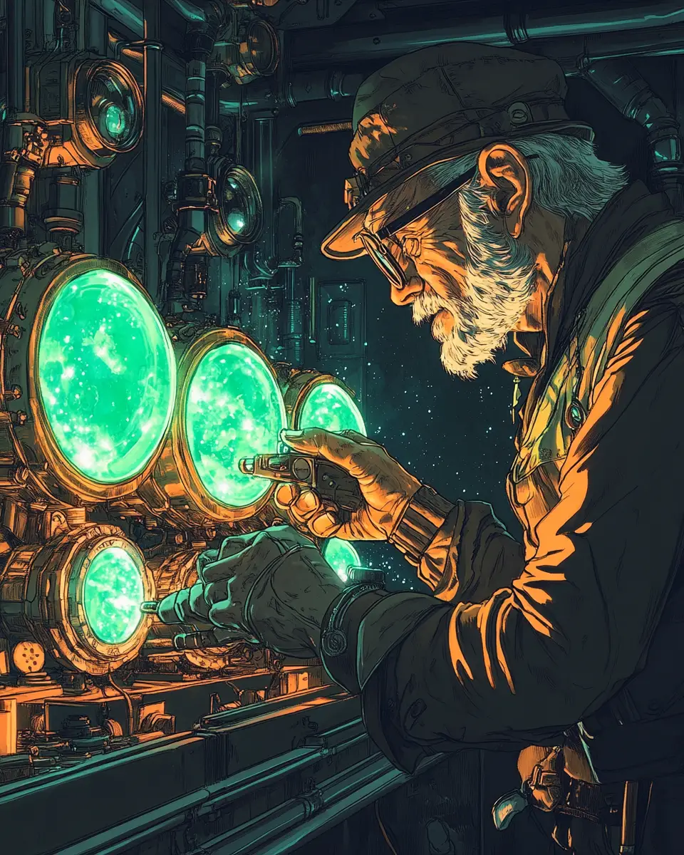 Steampunk scientist tinkering beside glowing stone engine
