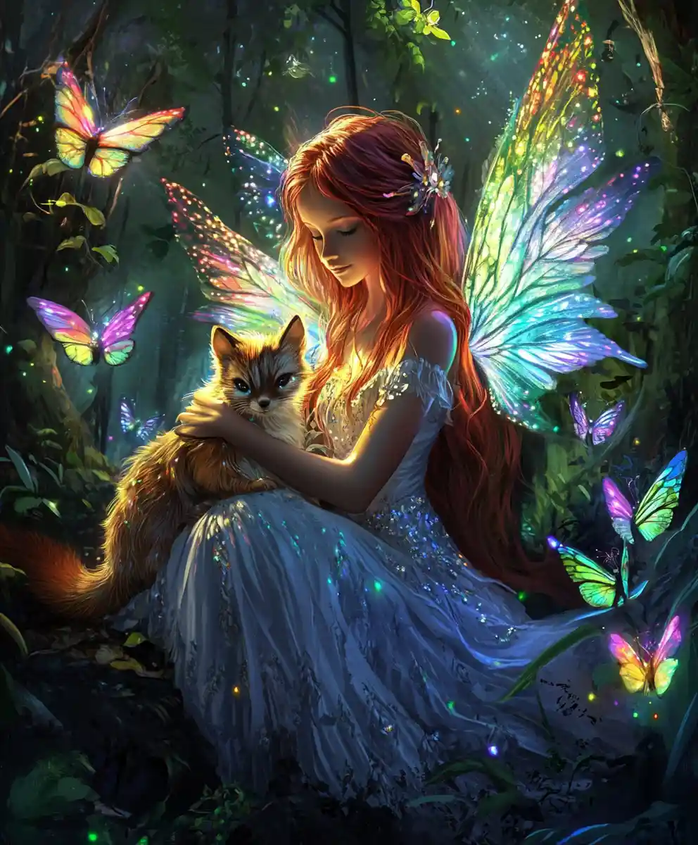 Rainbow fairy in an enchanted moonlit forest clearing