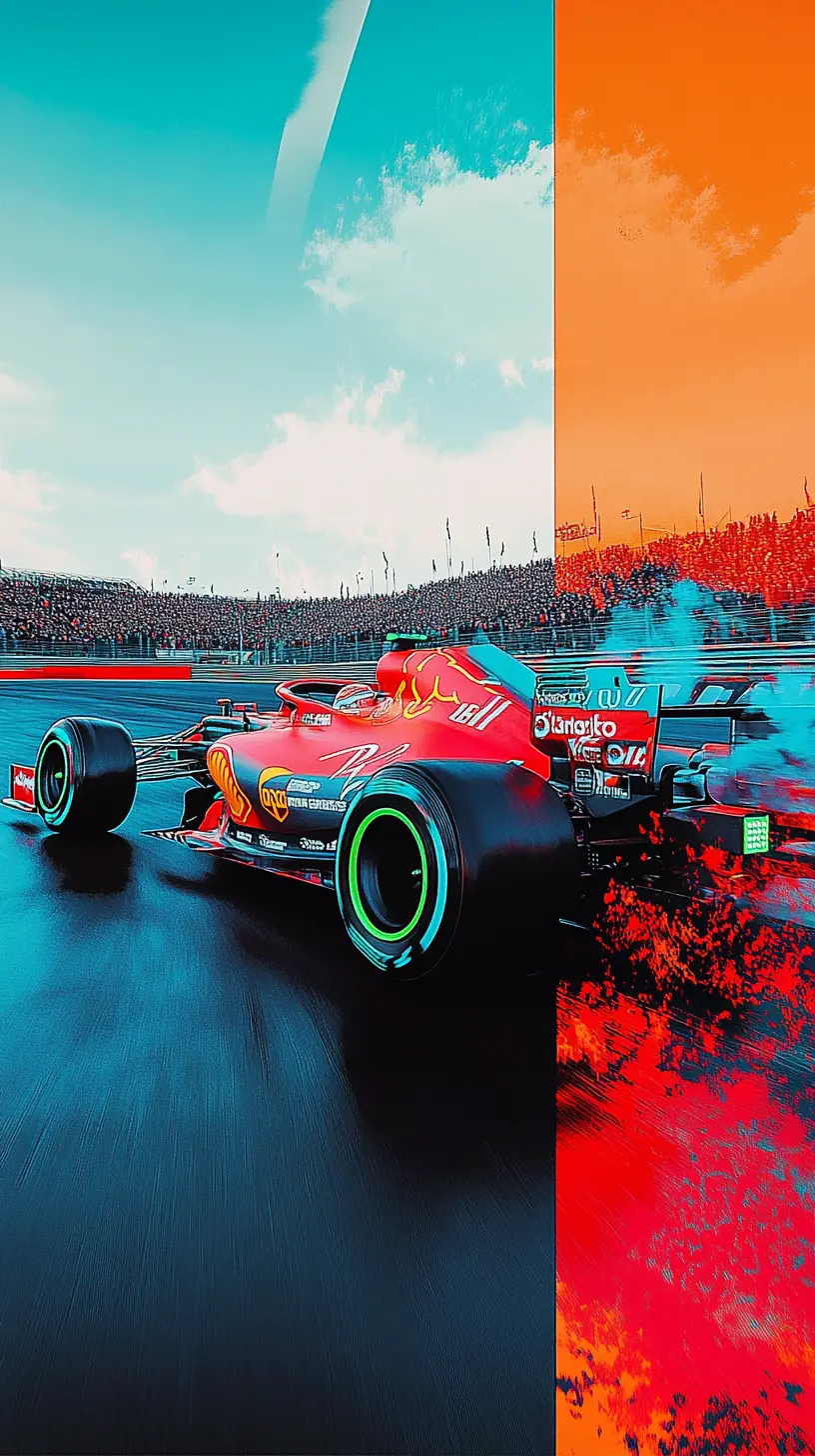 Red formula one car racing towards camera at high speed