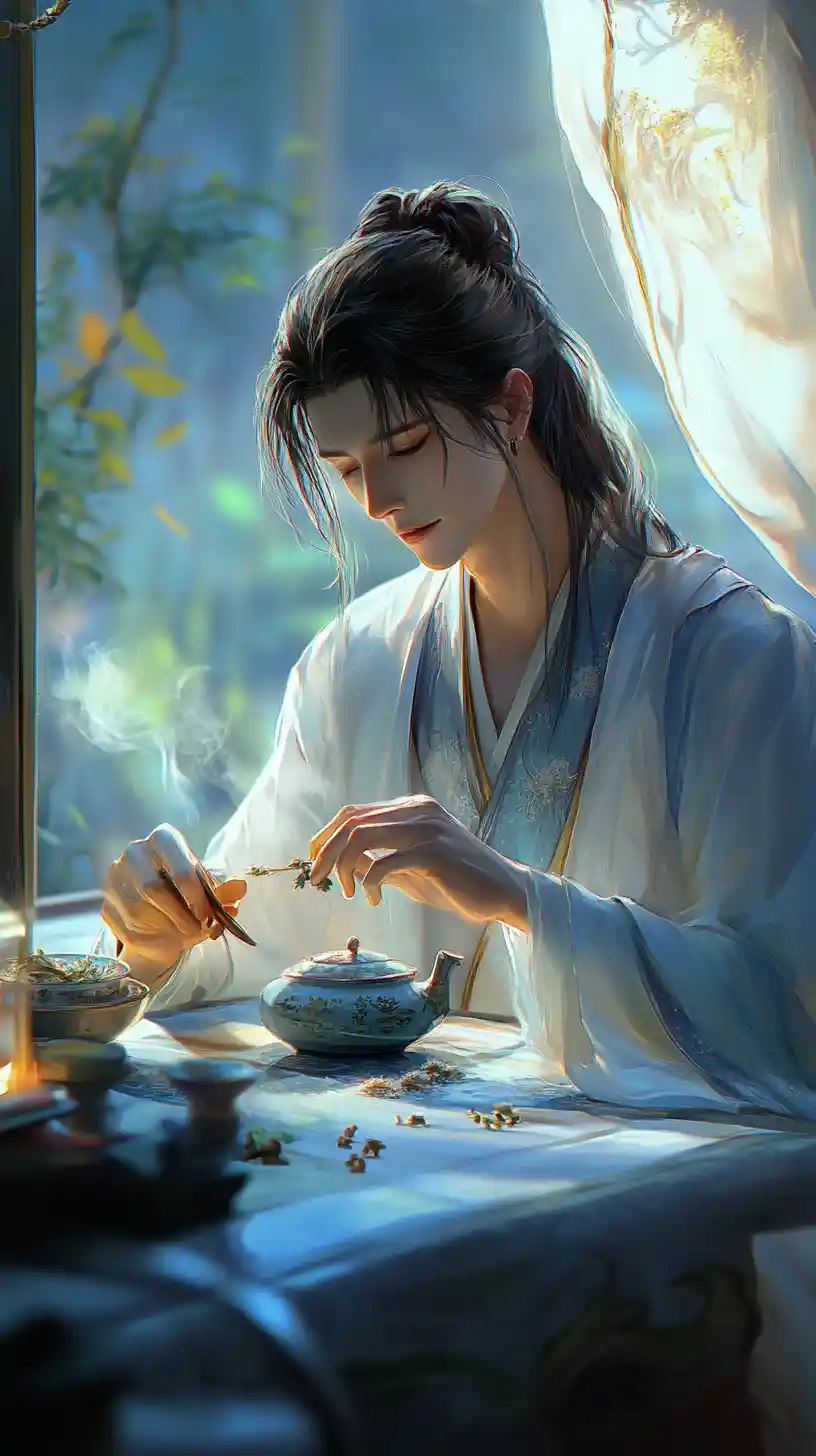 Man brewing medicinal tea in moonlit bedroom