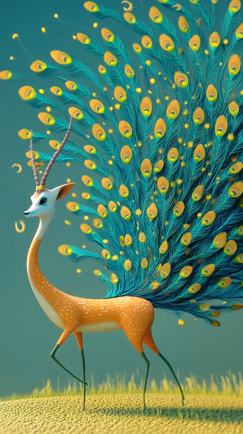 Running gazelle with radiant peacock feather tail