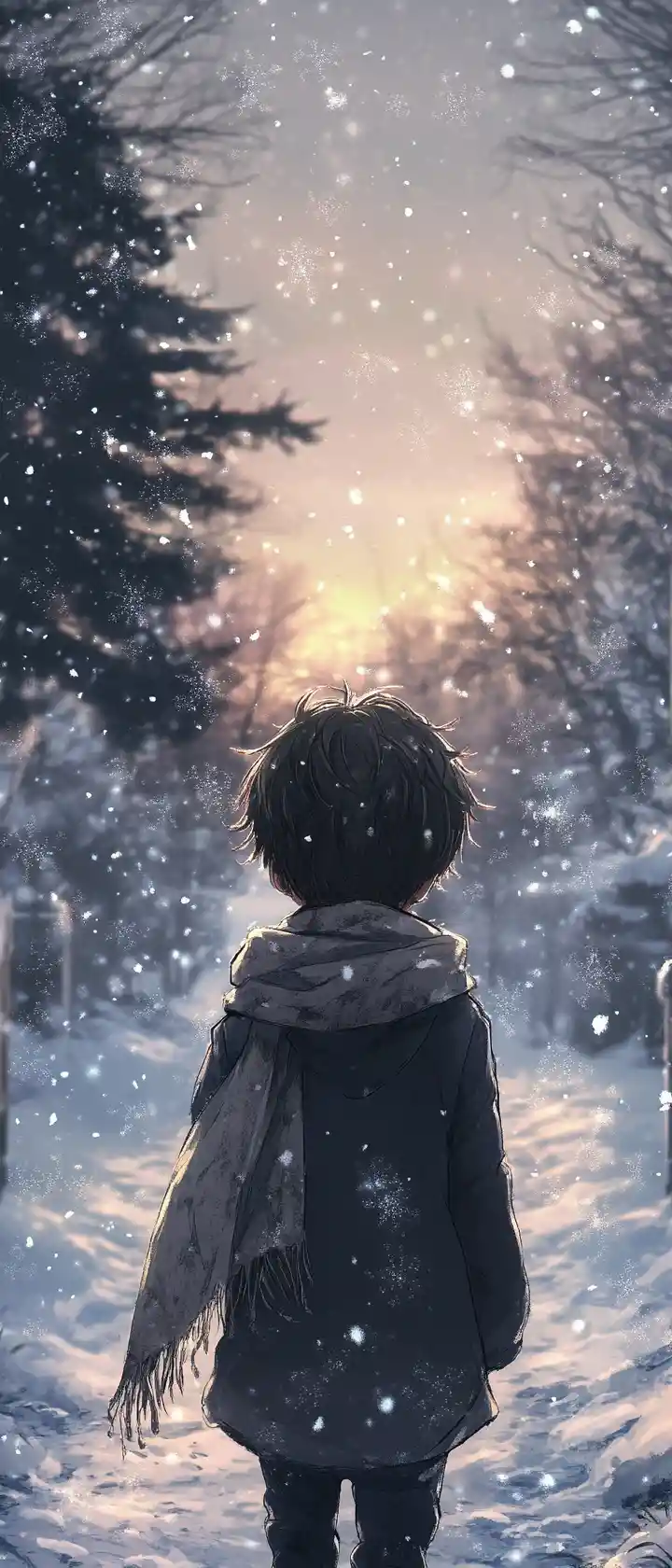Anime boy walking alone on a snowy mountain path