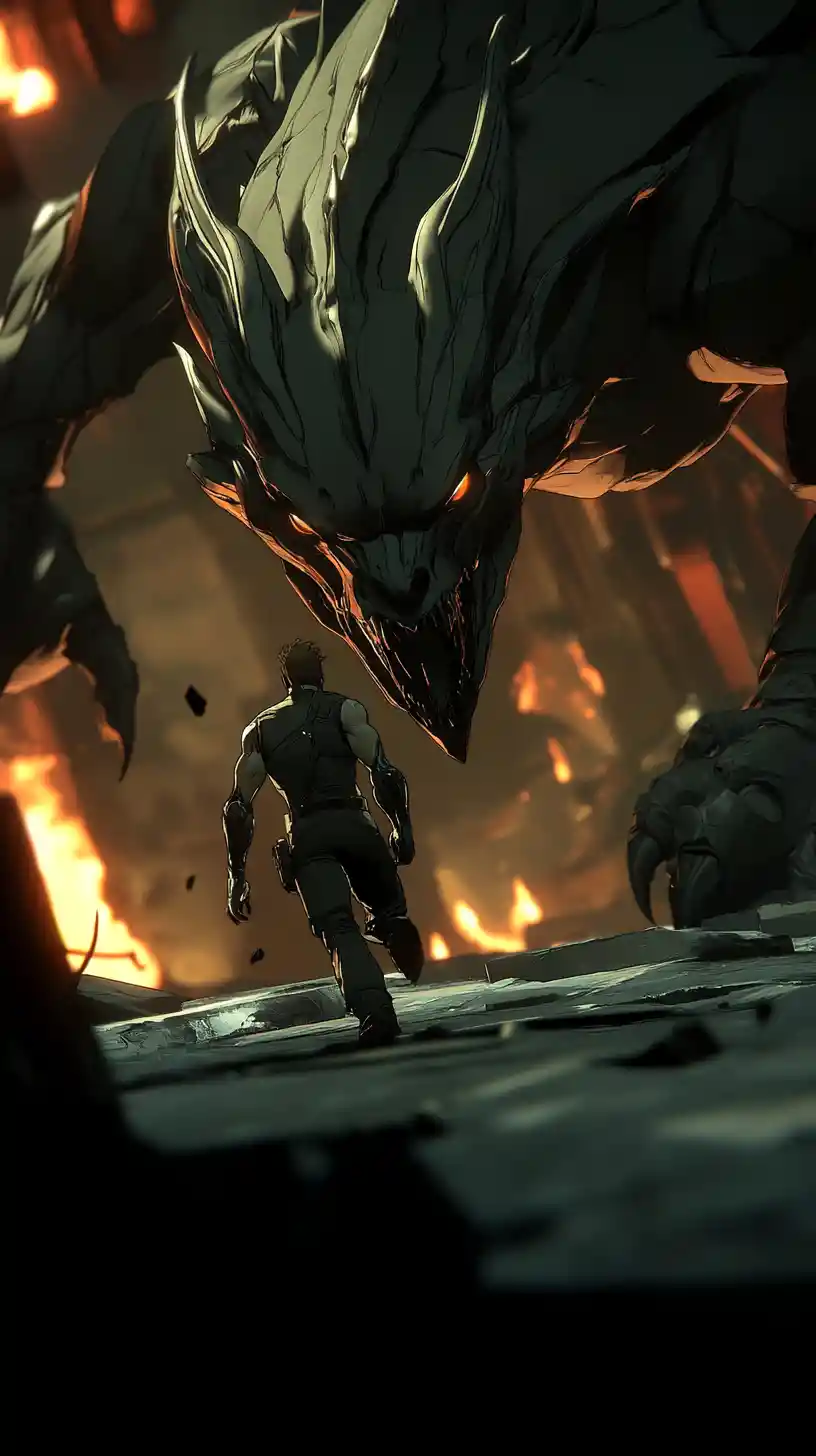 Cyborg warrior running with mechanical dragon in warzone
