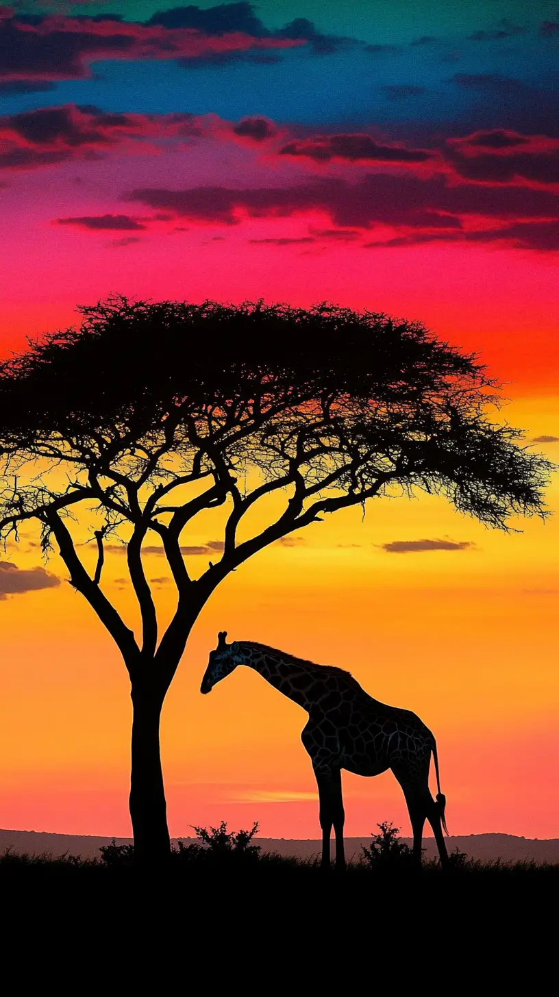 Giraffe Silhouette Eating From Tree Under Rainbow Sky
