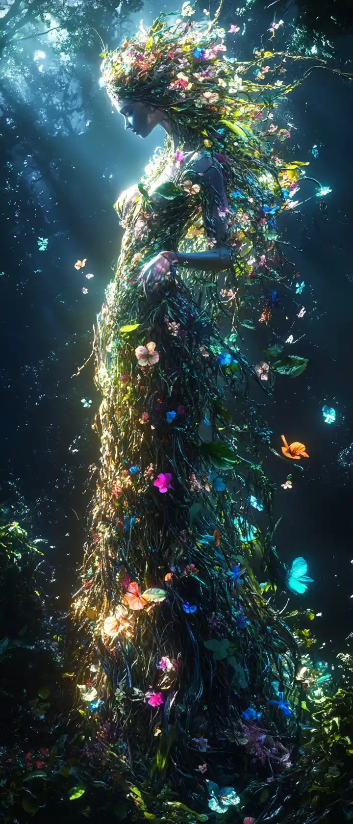 Majestic earth goddess emerging from living forest