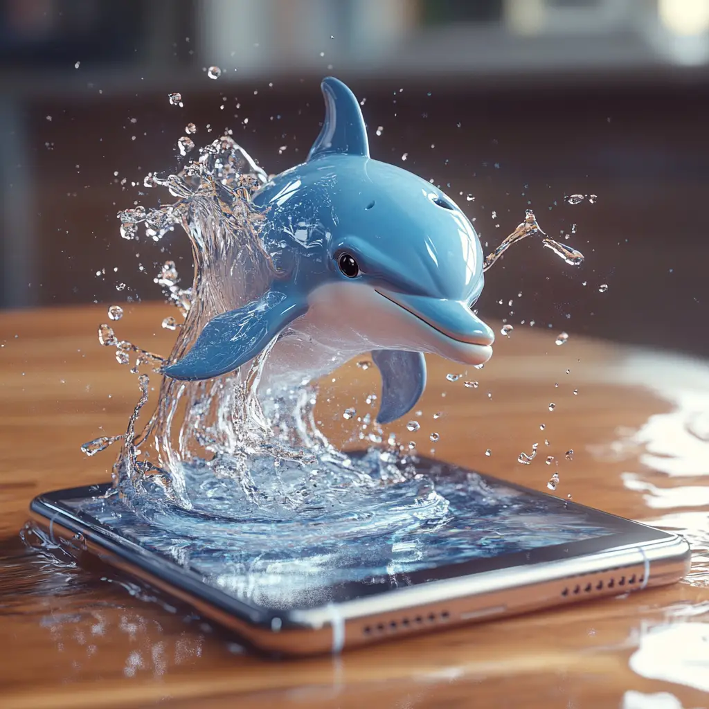 Playful Dolphin Emerging From Smartphone On Wooden Table