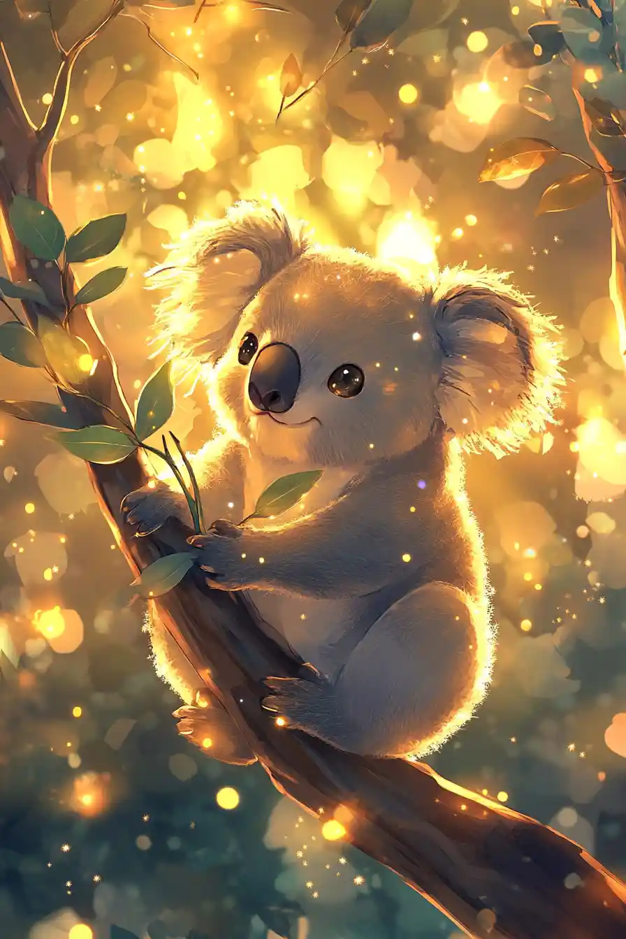 Cute anime koala on eucalyptus tree in glowing light