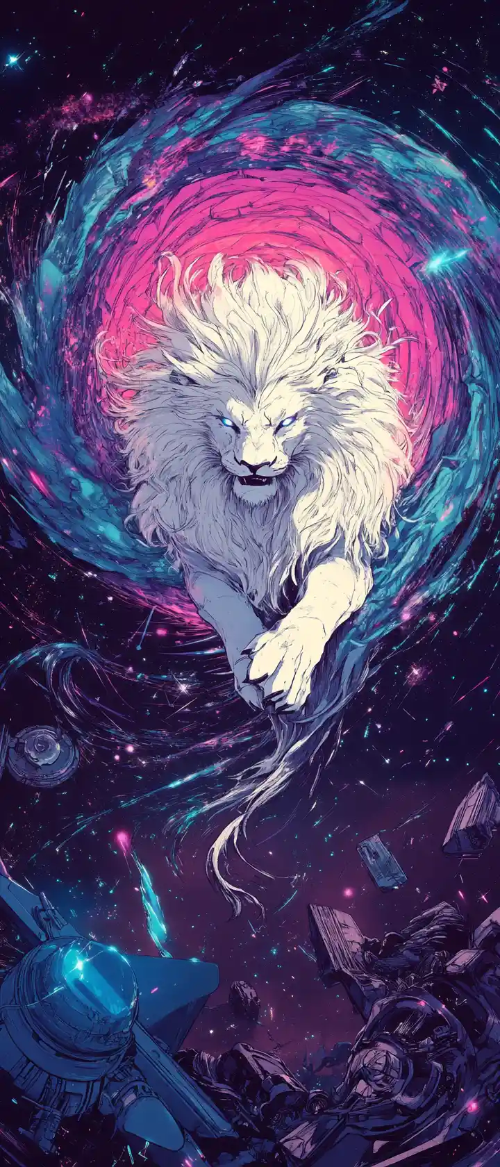 White lion drawn into a glowing cosmic vortex