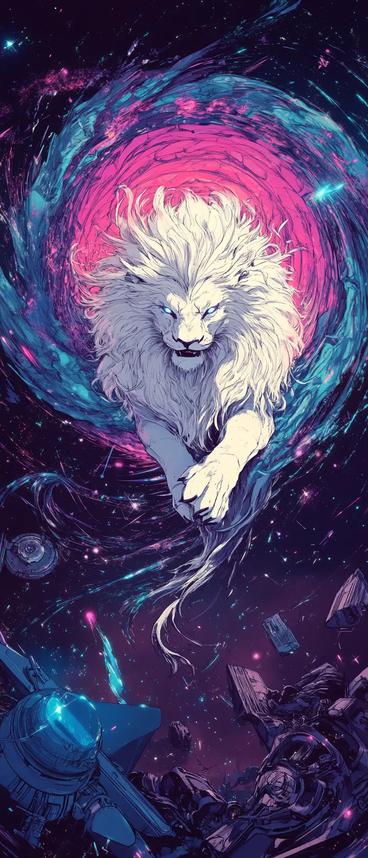 White lion drawn into a glowing cosmic vortex