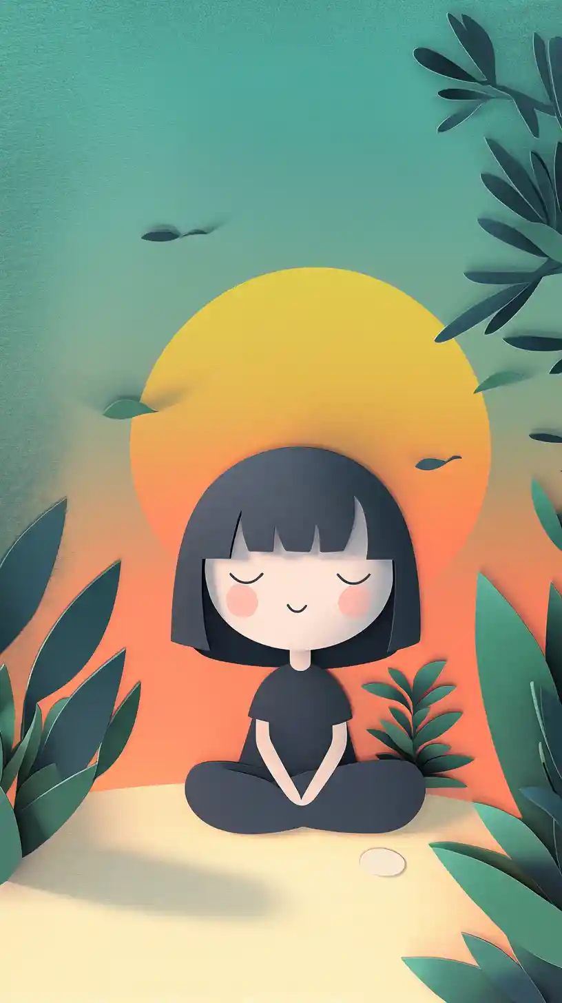 Cartoon girl relaxing on a beach at peaceful sunset