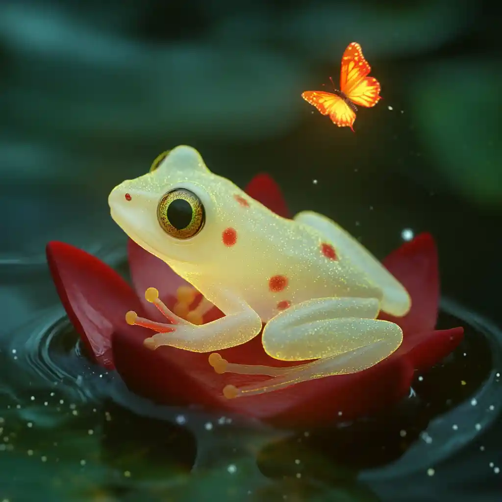 Glowing Tiny Frog On Lily Pad Watching Colorful Butterfly