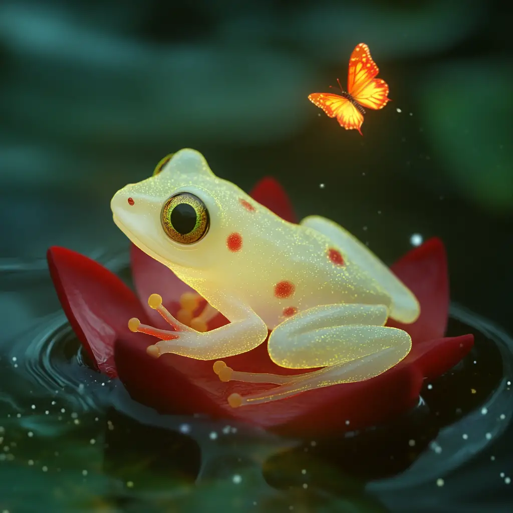 Glowing Tiny Frog On Lily Pad Watching Colorful Butterfly