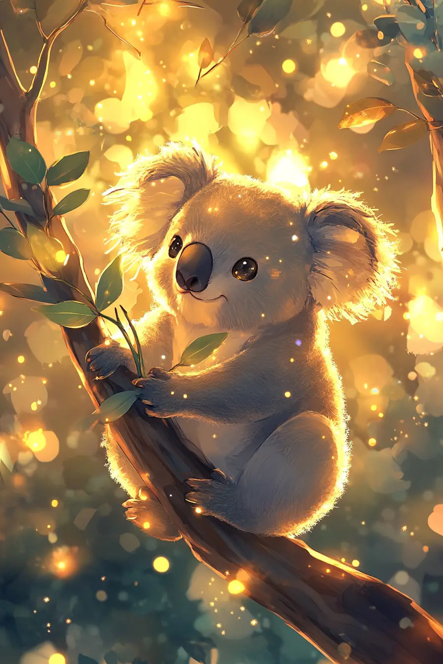 Adorable koala d’anime sur un eucalyptus dans une lumière éclatante