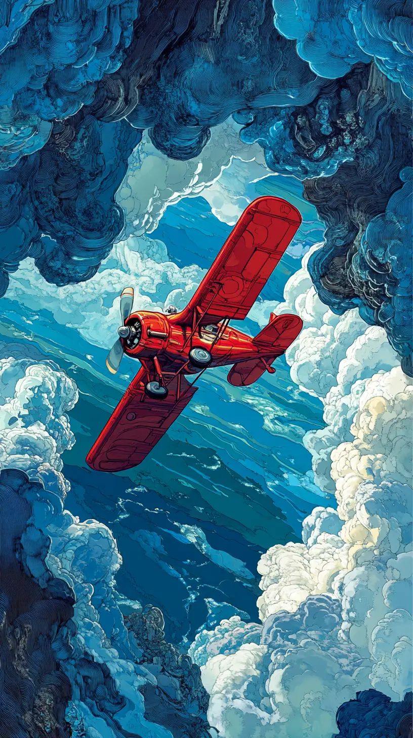 Red biplane soaring above endless azure ocean