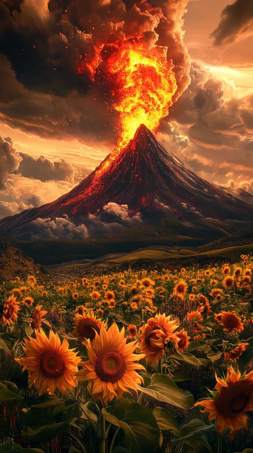 Surreal volcano erupting flowers over vibrant sunflower field