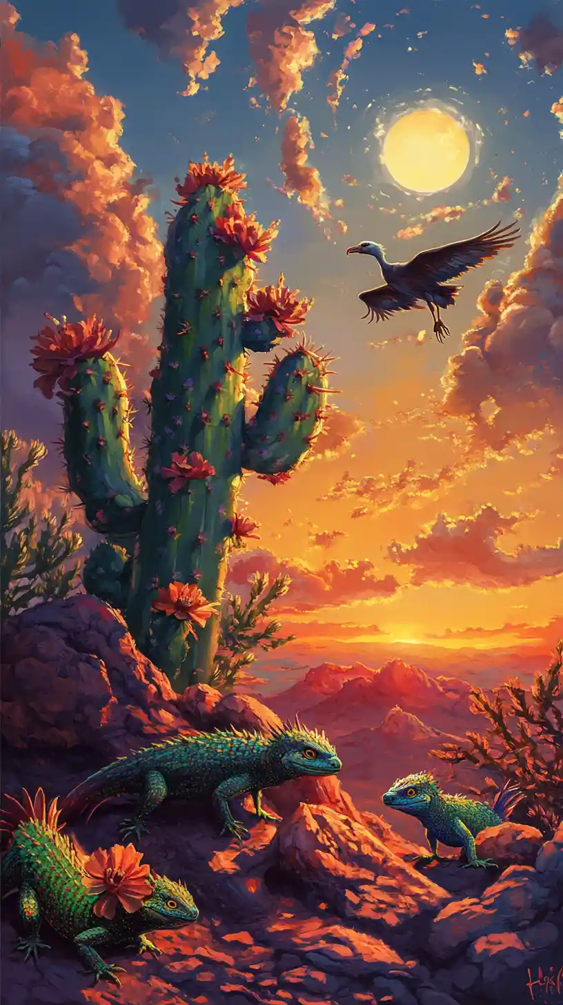 Dreamy desert painting with cacti lizards and soaring vulture