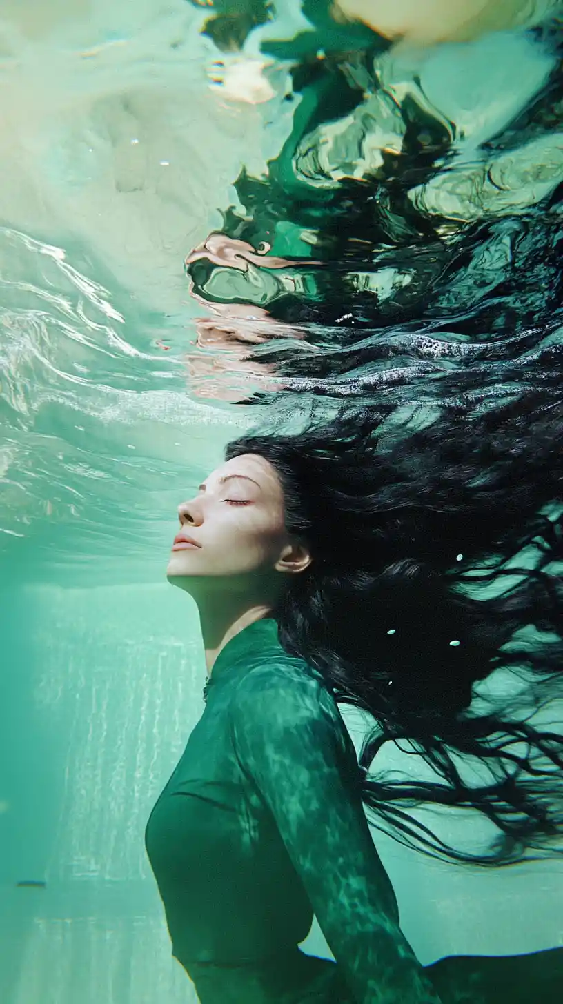 Woman with flowing hair gliding through underwater cavern