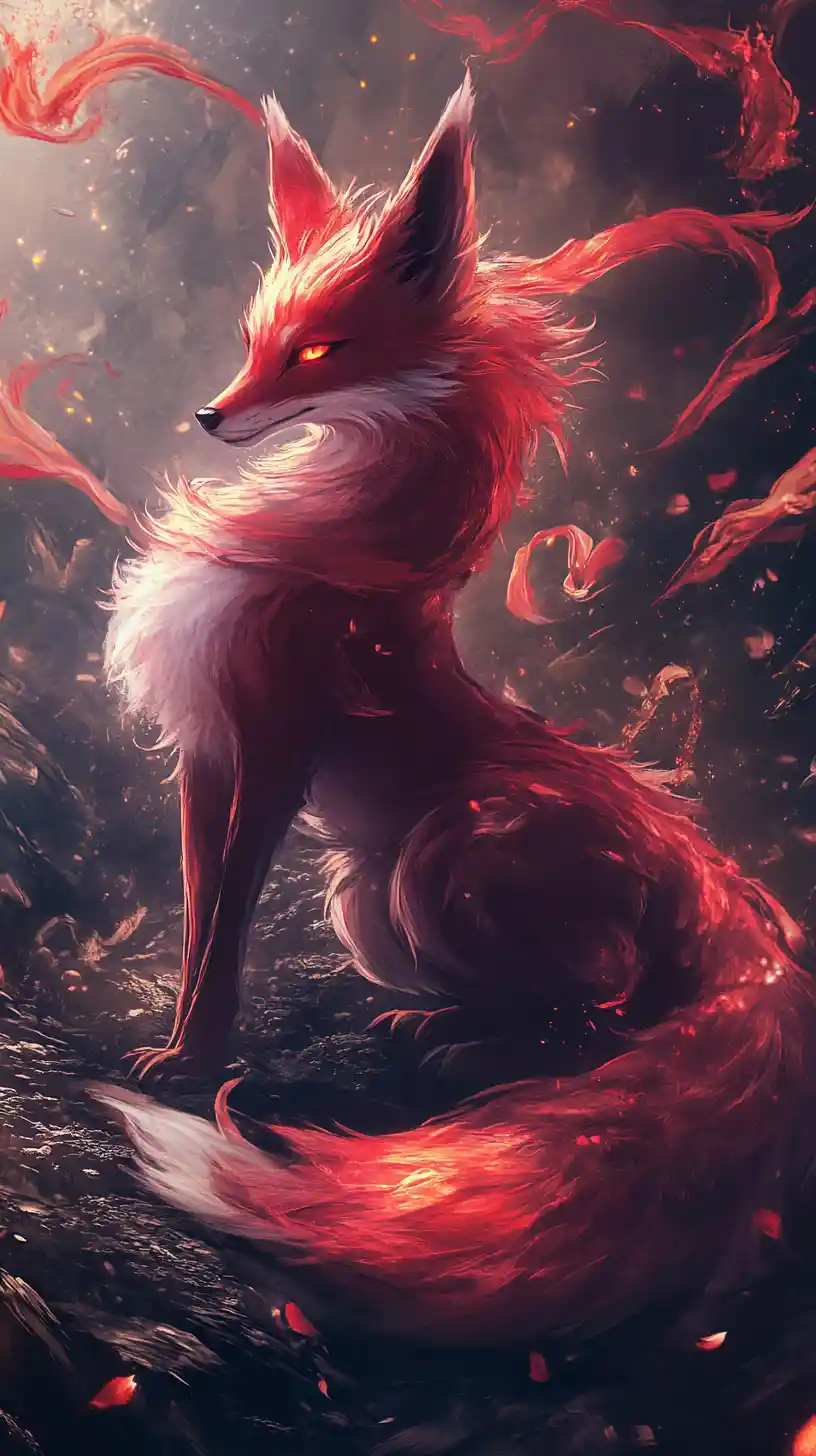 Kitsune rossa a nove code in una luminosa scena mistica