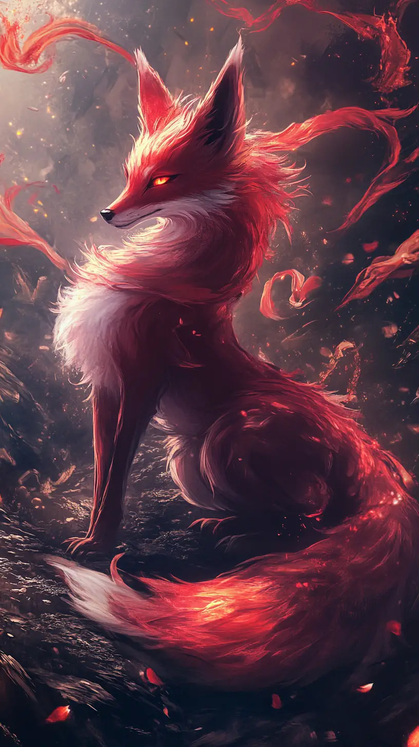 Red nine tailed kitsune in a bright mystical scene