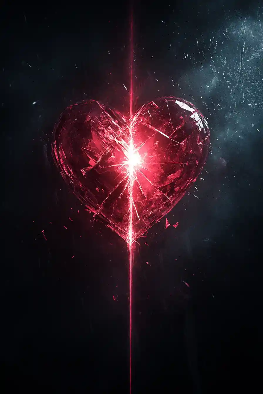 Fractured crystal heart pierced by a single beam of light