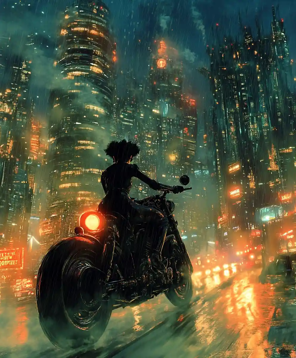Vintage flapper woman riding motorcycle in futuristic city