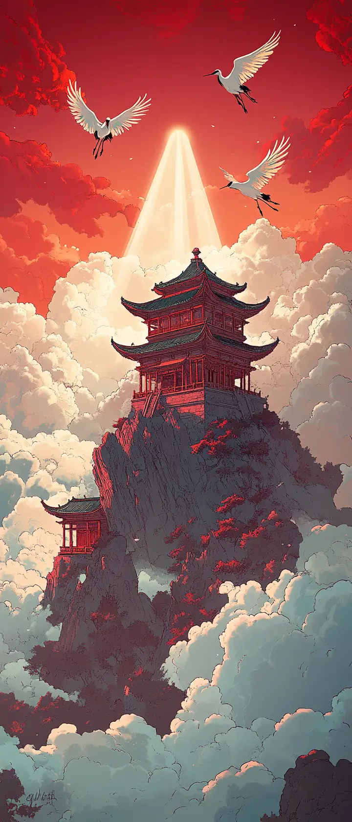 Chinese pavilion above clouds in mystical mountain sky