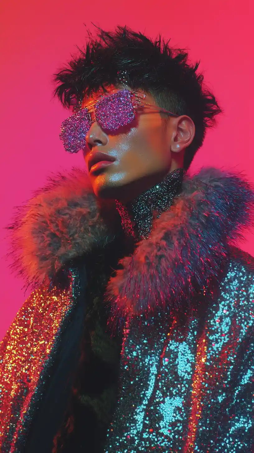 Cybernetic woman in silver sequined coat portrait