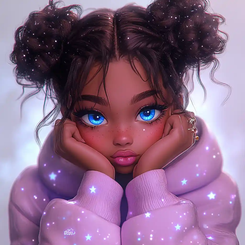 Cute black girl portrait with blue eyes and space buns