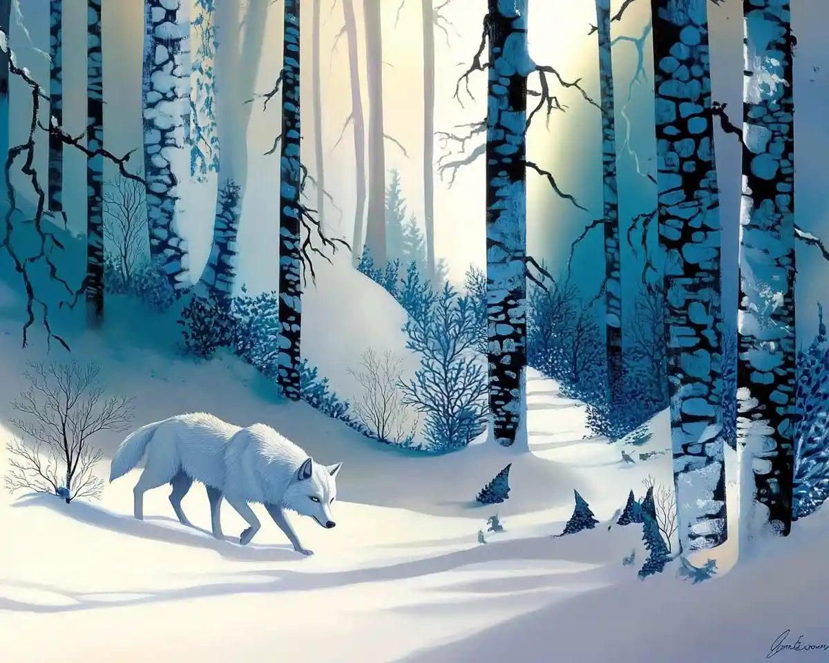 Lone Grey Wolf In A Snowy Fantasy Winter Forest