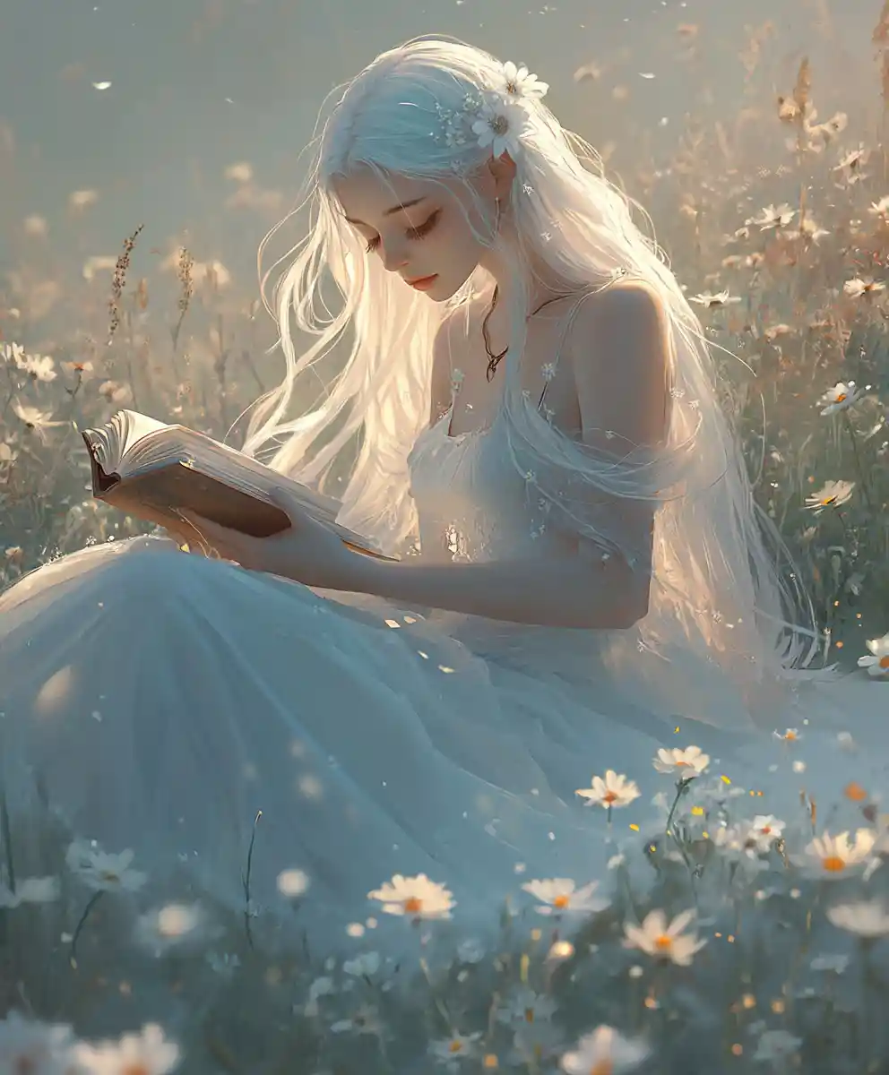 Mint haired woman reading in a sunny wildflower field