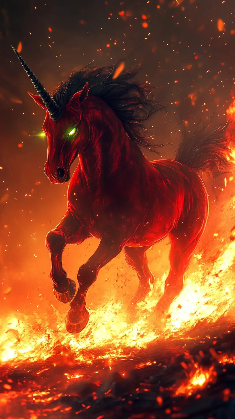 Majestic red unicorn running through glowing lava