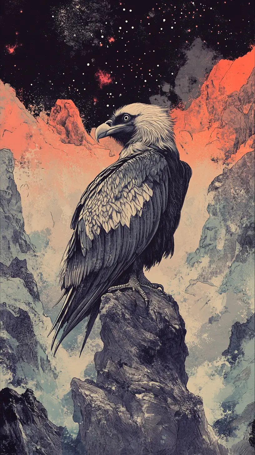 Bearded vulture soaring above a starry canyon night sky