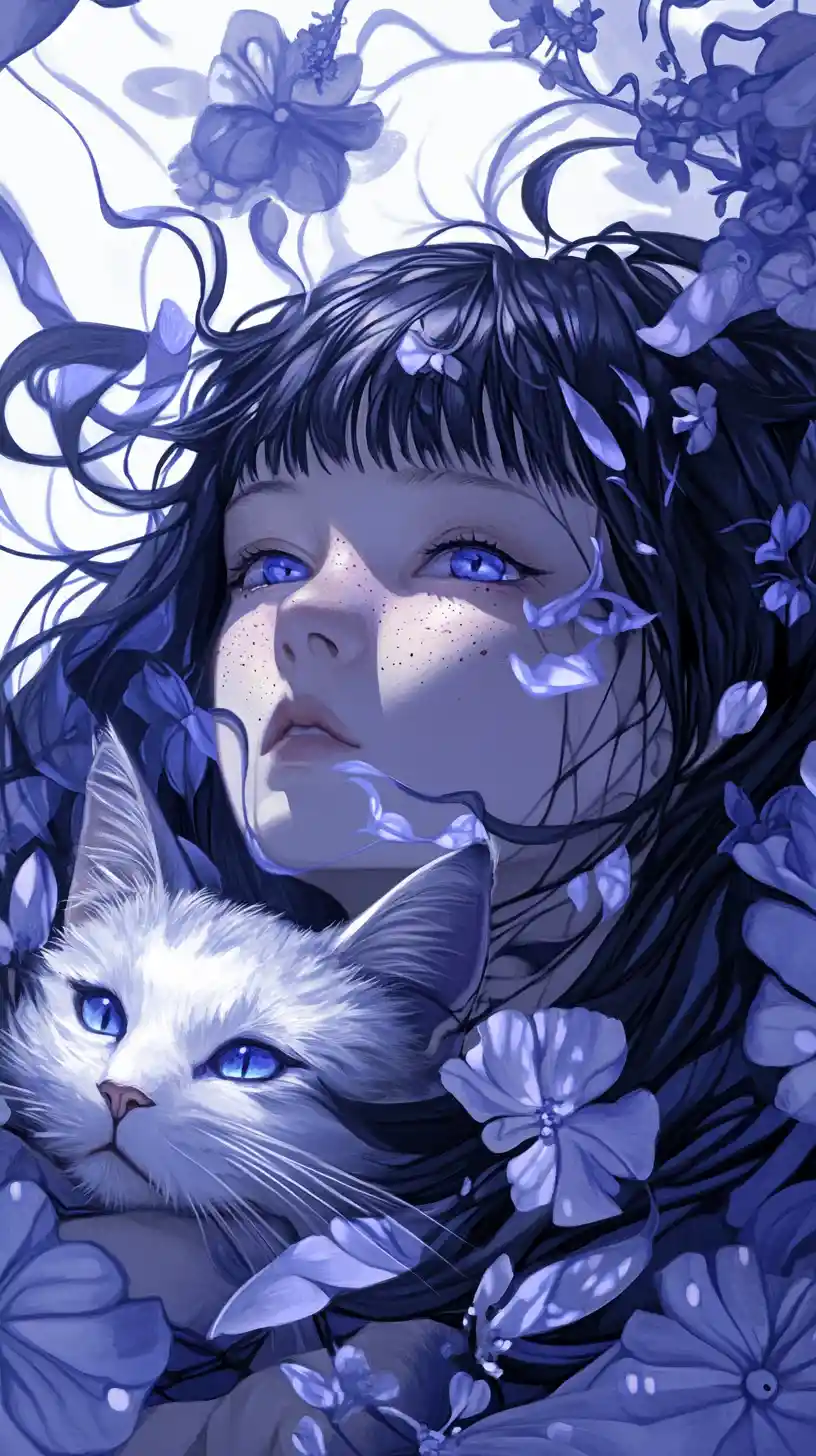 Goth anime girl hugging a cat among whimsical flowers