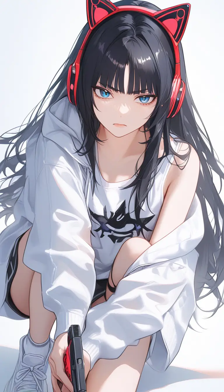 Serious anime girl with cat ear headphones and gun