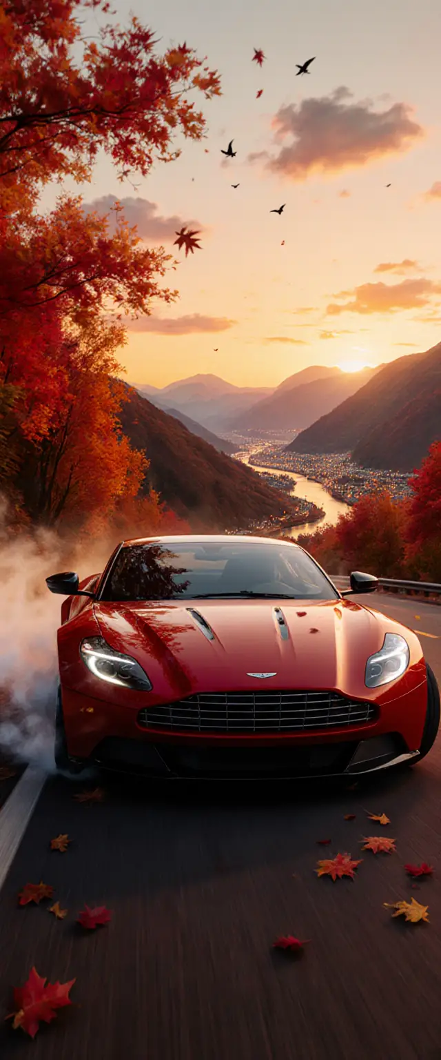 Red sports car drifting on a winding autumn mountain road