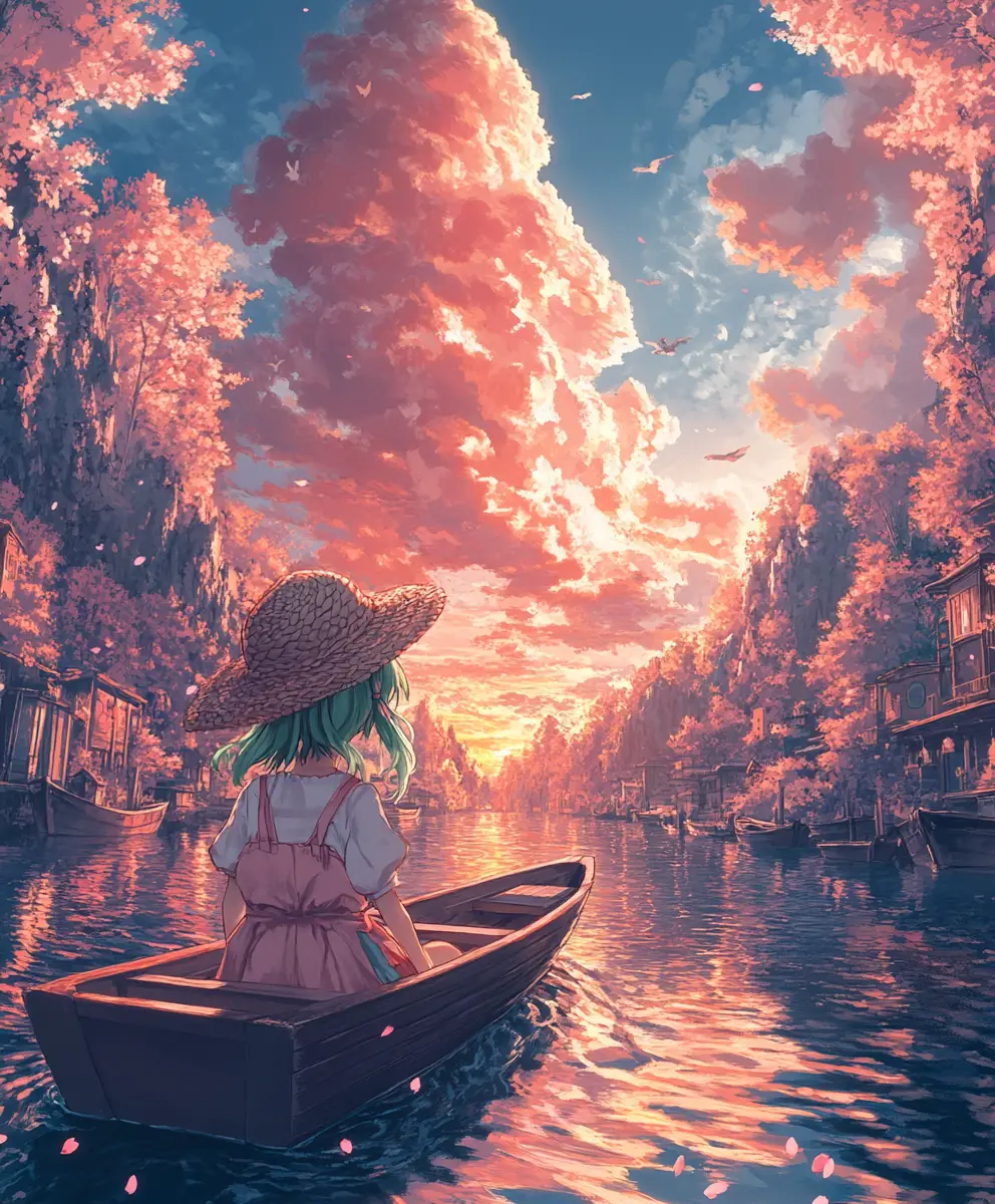 Anime girl drifting in a boat on a pastel sunset river